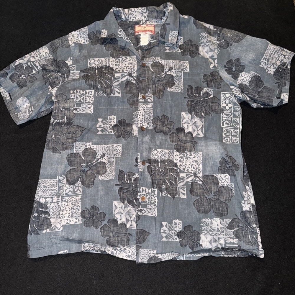 RJC Hawaiian Men's Grey Blue Hibiscus Short Sleeve Mens XL